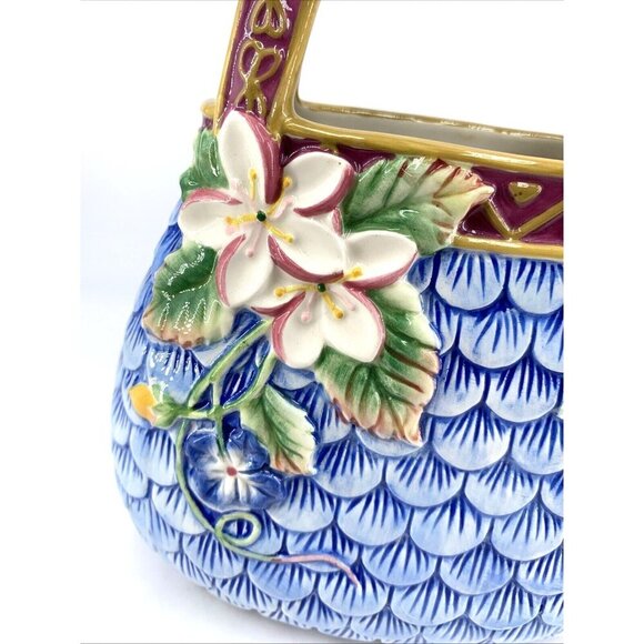 Ceramic Handbag Purse Planter Plumeria Fish Scale Tropical Hawaiian 10" Porcelai - Picture 2 of 9